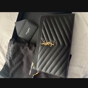 Saint Laurent Black Chevron Clutch with Gold Logo